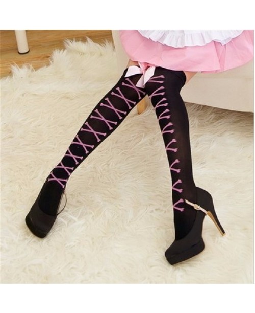 Sexy Women Japanese Cosplay Bow Striped Socks Thigh High Skull Printed Stockings