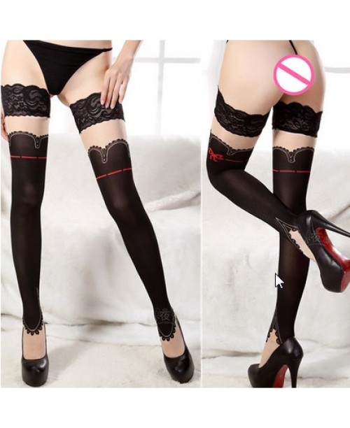 Women Sexy Lace Bowknot Printing Black No Slip Thigh High Silicone Stockings 