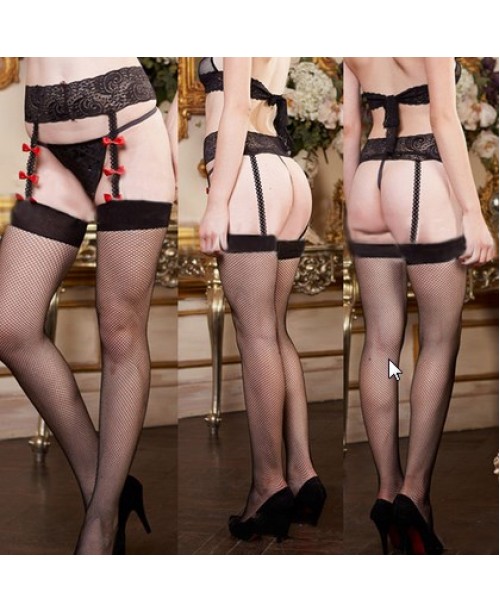 Red Bow Sexy Mesh Small Net Pantyhose Suspenders Garter Stockings 