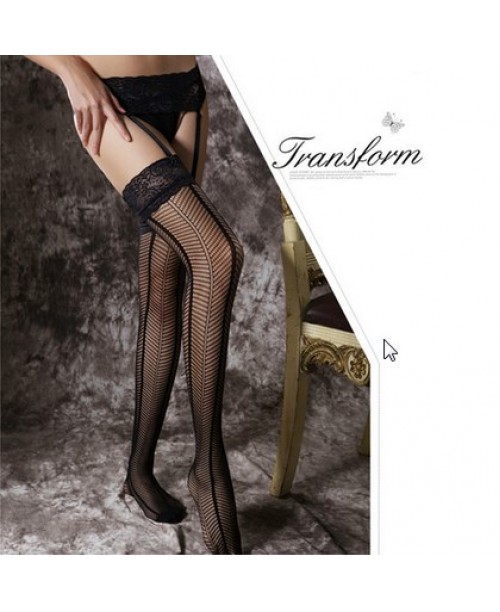 Women Thight Lace Waistband Striped Embroidery Stretch Fishnet Garters Stockings Pantyhose